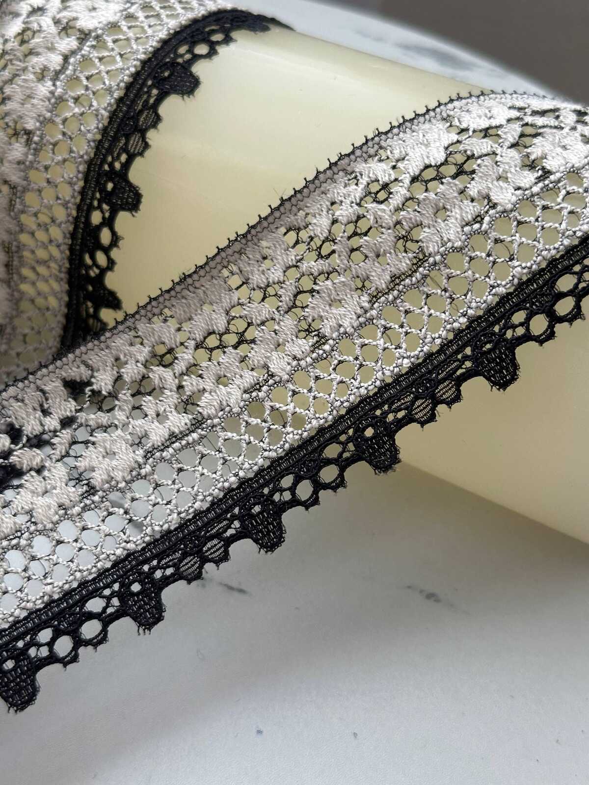 6Yds Stretch 2" Black Off-White  Two Tone Unique Floral Mesh Stretch Lace Trim
