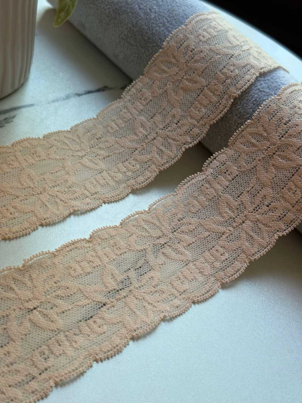 10yds Soft Peach Nude Floral Alphabet Ultra Soft Stretch Lace Trim by the Yard, Textured Back Baby Headband Elastic Ribbon, 2"