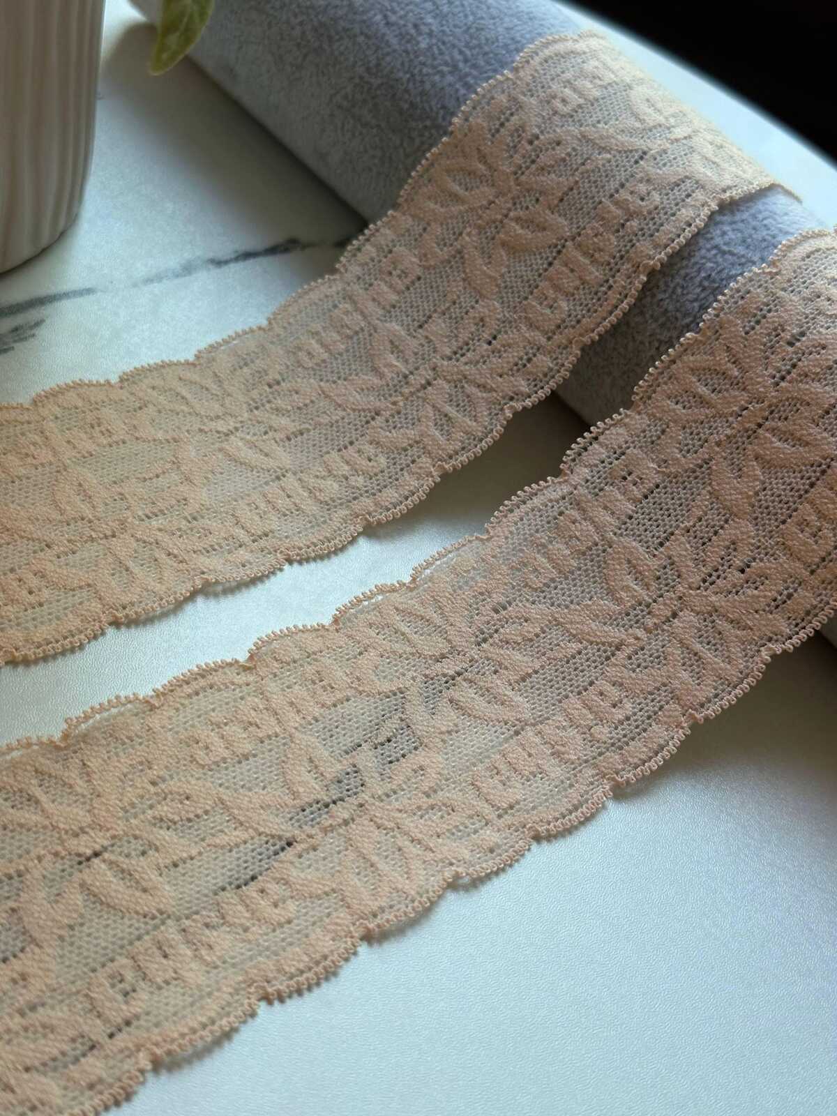 10yds Soft Peach Nude Floral Alphabet Ultra Soft Stretch Lace Trim by the Yard, Textured Back Baby Headband Elastic Ribbon, 2"