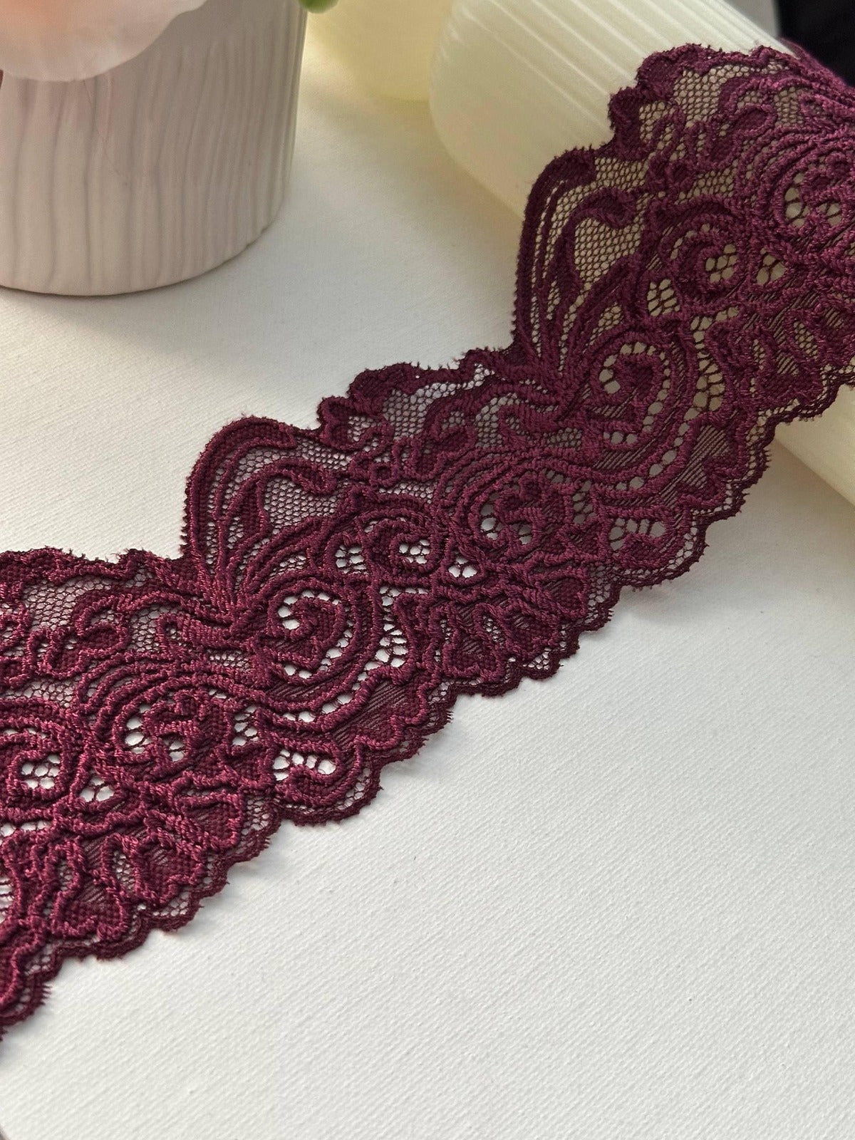 3Yds Stretch 3" Dark Burgundy Wine Floral Scalloped Stretch Lace Wholesale