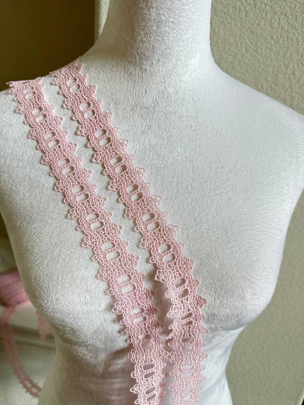1.1" Pink Guipure Beading Lace Trim Water Soluble Embroidered Ribbon Thread Me Through Slot for Lingerie Gowns Dolls Crafts Sewing