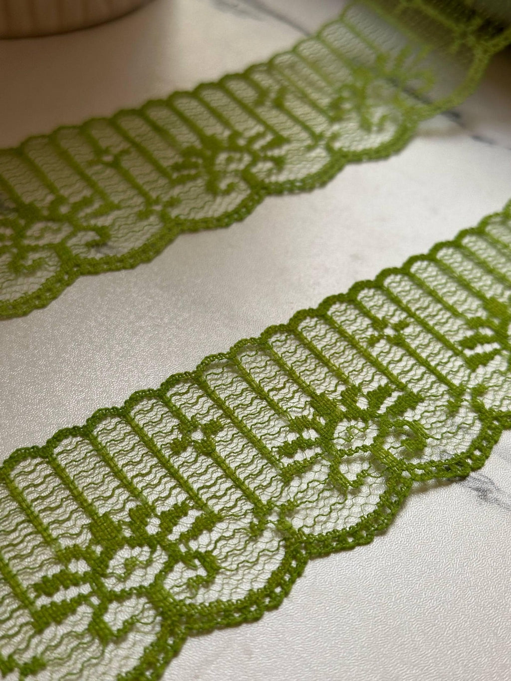 10yds Olive Matcha Green Floral Non Stretch Rigid Lace Trim by the Yard, Structured Scalloped Ribbon for Hair Bows Crafts, 1.85"