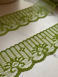 10yds Olive Matcha Green Floral Non Stretch Rigid Lace Trim by the Yard, Structured Scalloped Ribbon for Hair Bows Crafts, 1.85"