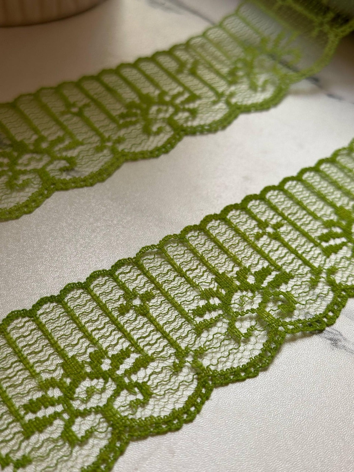 10yds Olive Matcha Green Floral Non Stretch Rigid Lace Trim by the Yard, Structured Scalloped Ribbon for Hair Bows Crafts, 1.85"