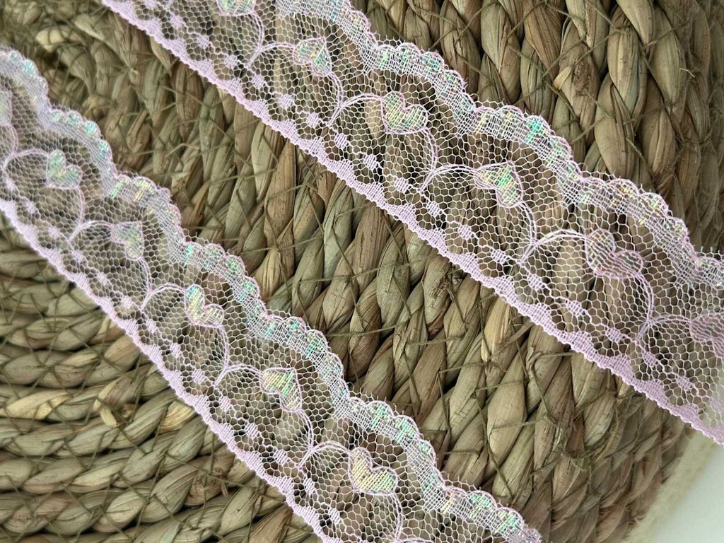 10yds Pink Heart Lace Trim, 1" Non-Stretch Ribbon, Bulk Clearance Coquette Y2K Lace, Garment Trim, DIY Sewing, Retail Wholesale