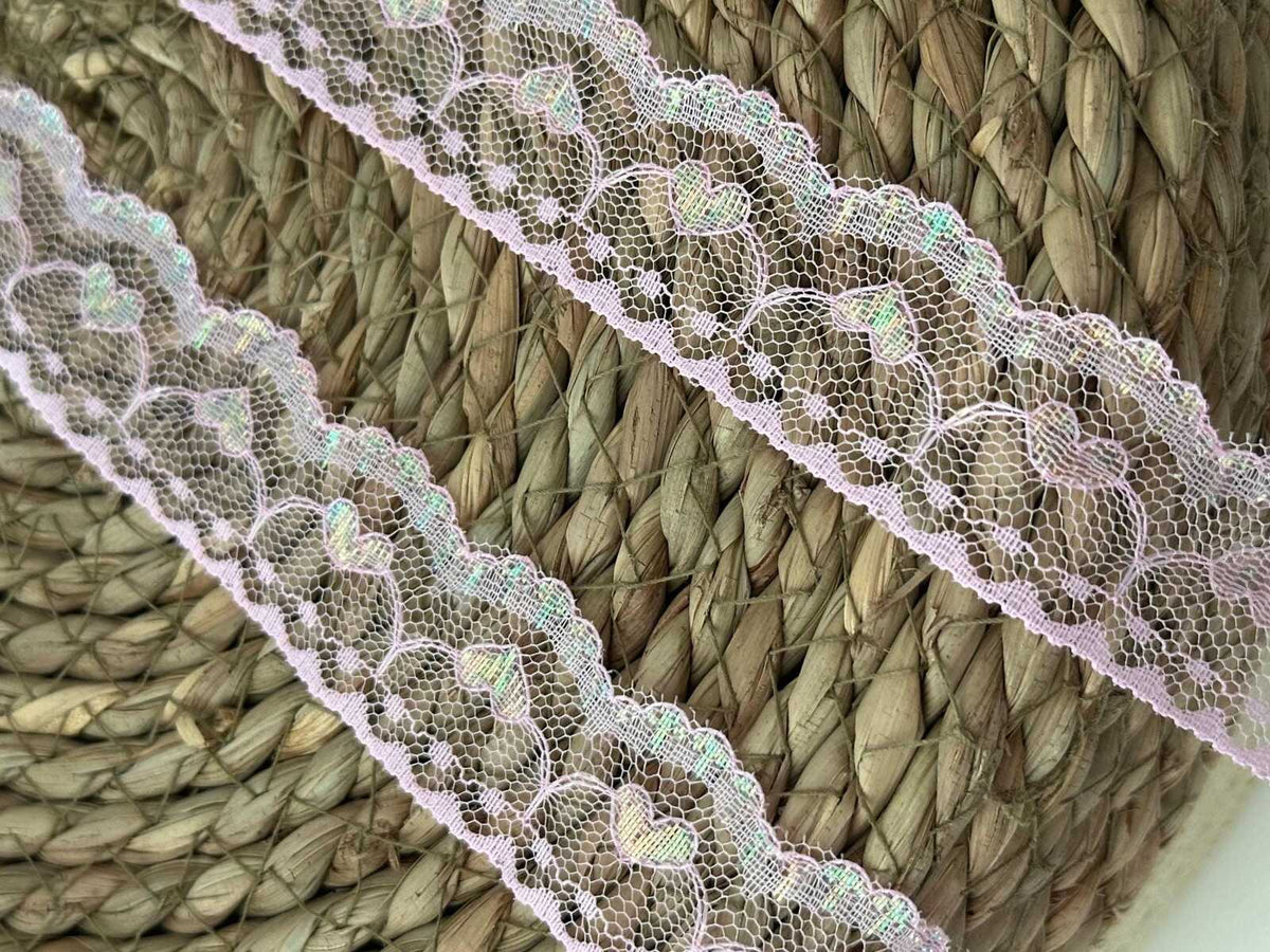 10yds Pink Heart Lace Trim, 1" Non-Stretch Ribbon, Bulk Clearance Coquette Y2K Lace, Garment Trim, DIY Sewing, Retail Wholesale