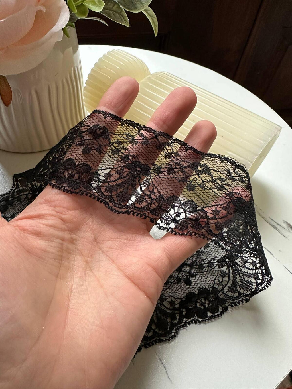 10yds Classic Onyx Black Floral Non Stretch Lace Trim Symmetrical Double Scalloped Galloon Ribbon for Gowns Blouses Crafts Sewing, 1.75"