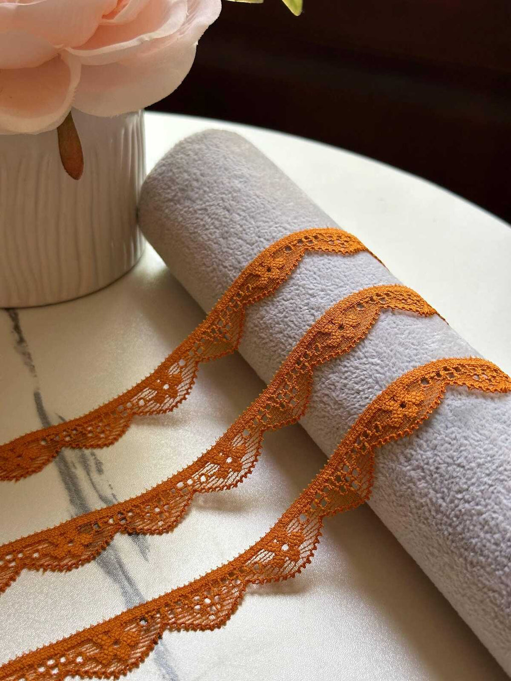 10yds Muted Pumpkin Spice Orange Geometric Stretch Elastic Lace Trim, Single Scalloped Narrow Ribbon for Lingerie Underwear Crafts, 0.6"