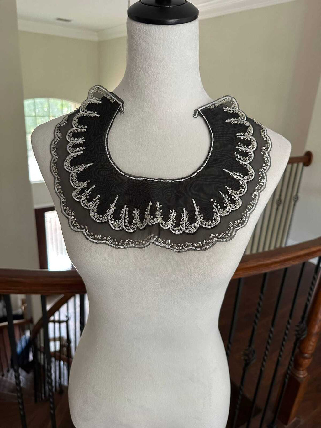 1Pc Handmade Beaded Organza Collar Applique, Black Sequin Lace Trim Wholesale