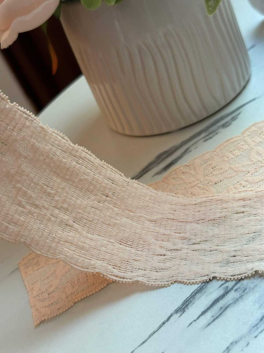10yds Soft Peach Nude Floral Alphabet Ultra Soft Stretch Lace Trim by the Yard, Textured Back Baby Headband Elastic Ribbon, 2"
