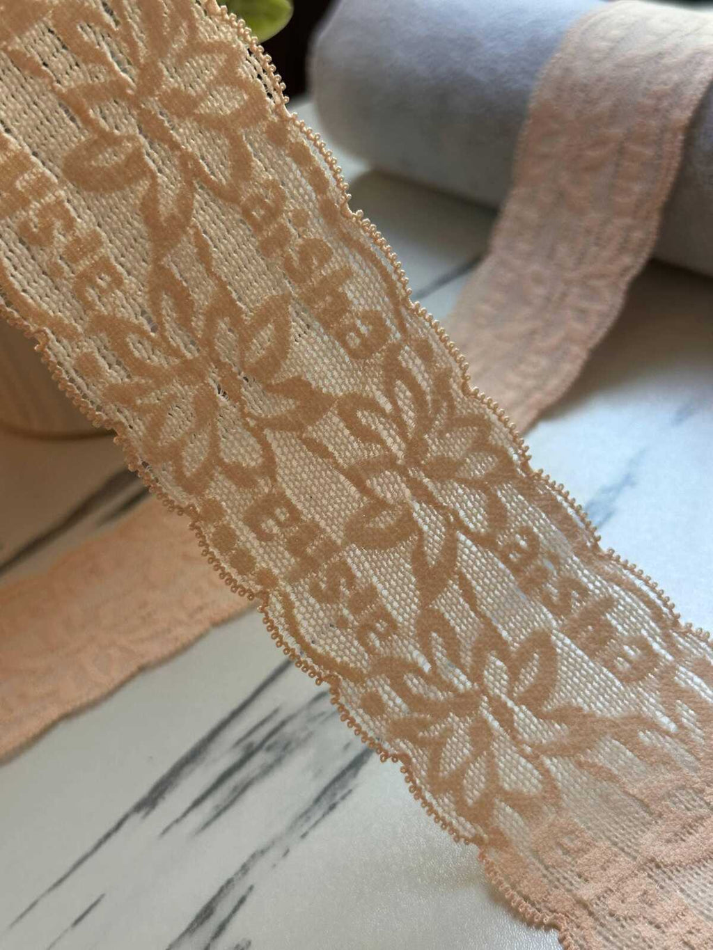 10yds Soft Peach Nude Floral Alphabet Ultra Soft Stretch Lace Trim by the Yard, Textured Back Baby Headband Elastic Ribbon, 2"