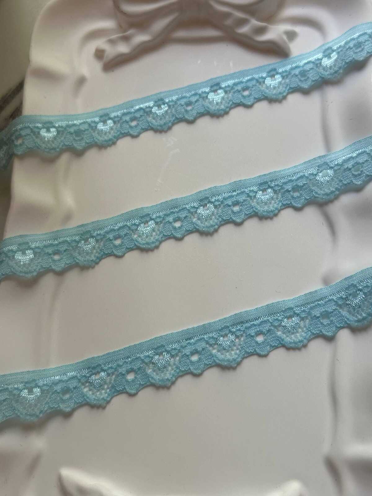 10yds Soft Ice Blue Floral Stretch Lace Trim , Narrow Scalloped Elastic Ribbon for Coquette Lingerie Crafts, 0.5",Retail Wholesale Bulk