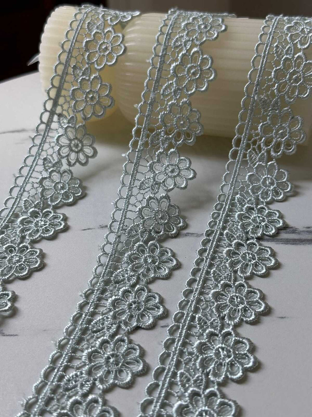 Sage Green Beading Daisies Venetian Guipure Chemical Water Soluble Lace Trim Ribbon Insertable Openwork Scalloped Edge Border Crafts, 1.25"