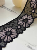 5Yds Stretch 2.3" Black Pink Daisy Floral Scalloped Stretch Lace Wholesale