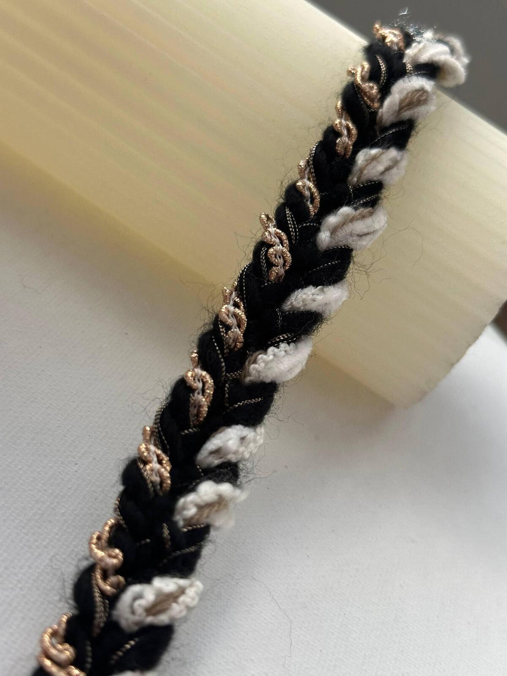 3Yds Non-Stretch 0.6" Black Off-White Gold Braided Tweed Ribbon Trim Wholesale