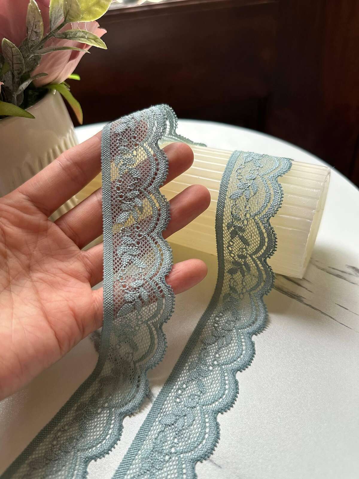 10yds Dusty Sage Mint Blue Foliage  Stretch Elastic Lace Trim Single Scalloped Narrow Ribbon for Lingerie Underwear Crafts Sewing, 1.25"