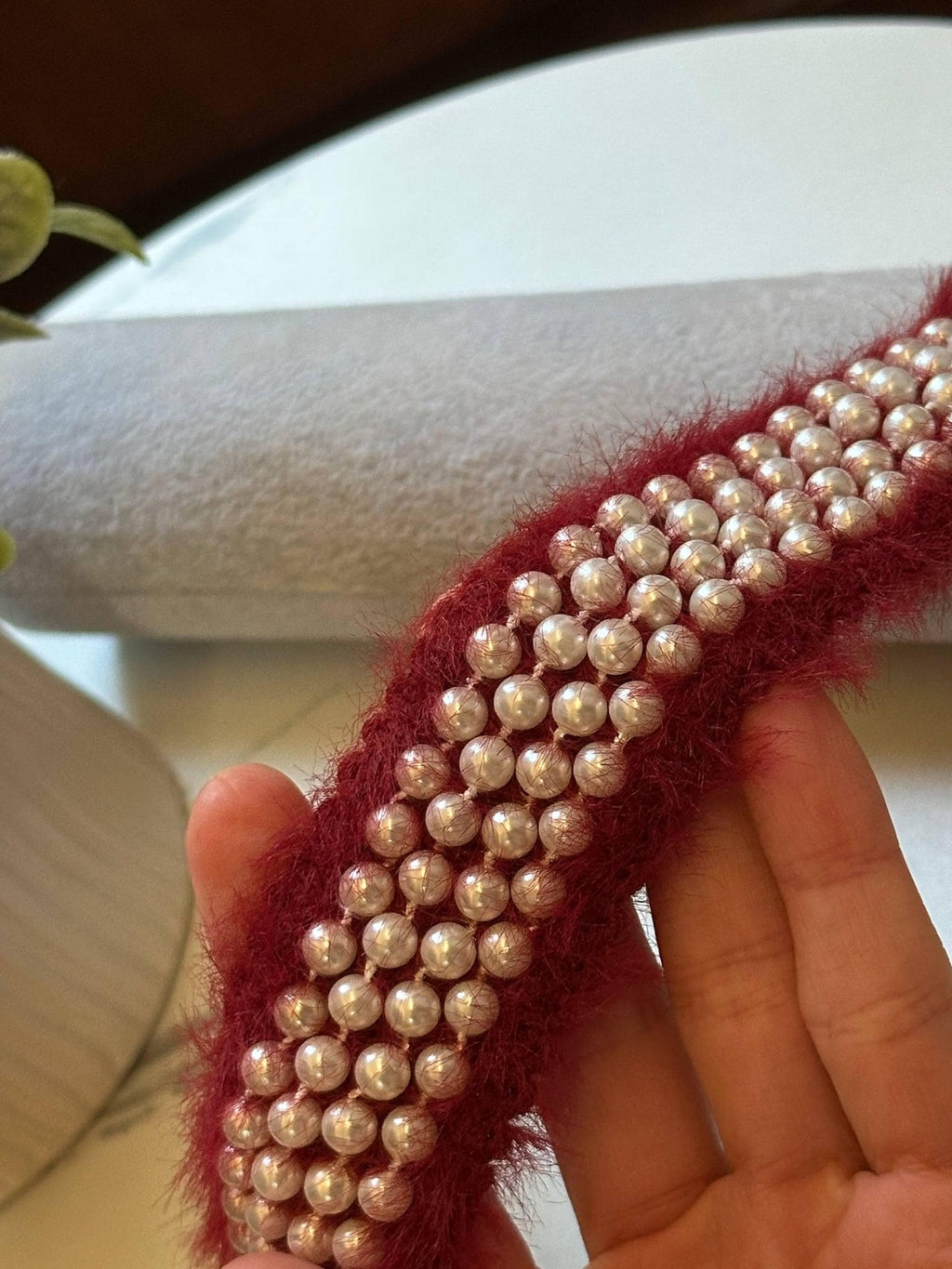 Burgundy Pearl Beaded Tweed Trim by Yard, 1.35" Fuzzy Mohair Ribbon, Chanel Style Border, Coquette Craft Supply, DIY Sewing,Retail Wholesale