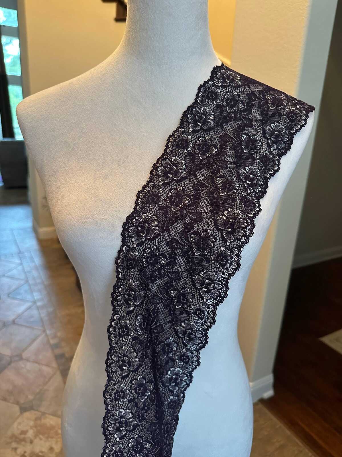 Dark Indigo Navy Violet Floral Stretch Elastic Lace Trim Symmetrical Double Scalloped Wide Galloon Ribbon fs Crafts Sewing, 4.85"
