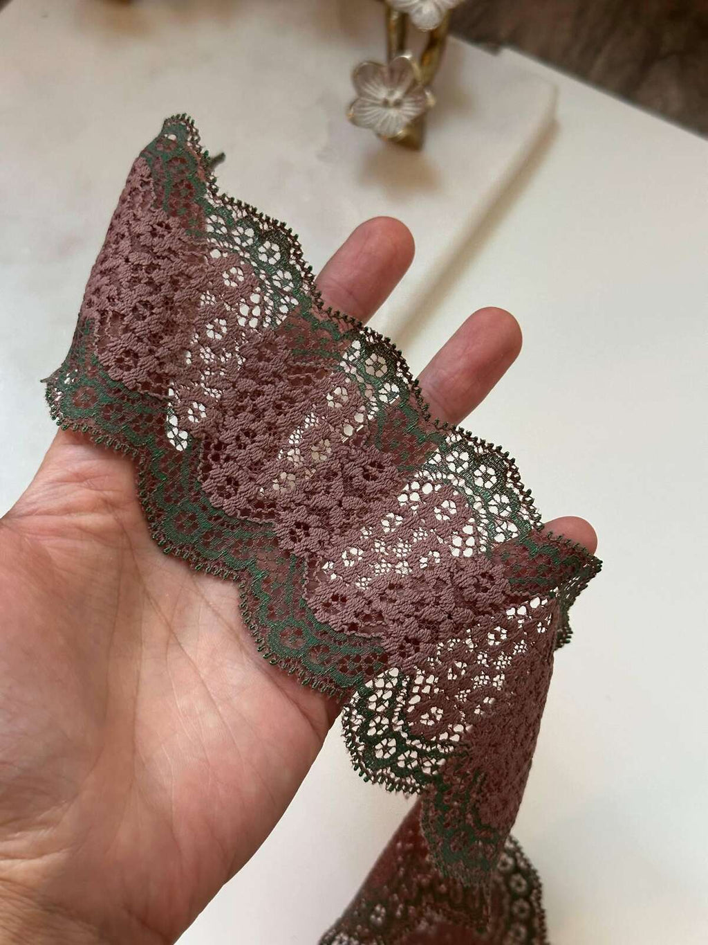 Two Tone Stretch Lace Trim by Yard, 2.6" Rose Green Elastic Ribbon, Lingerie Lace, Coquette Craft Supply, DIY Sewing, Retail Wholesale