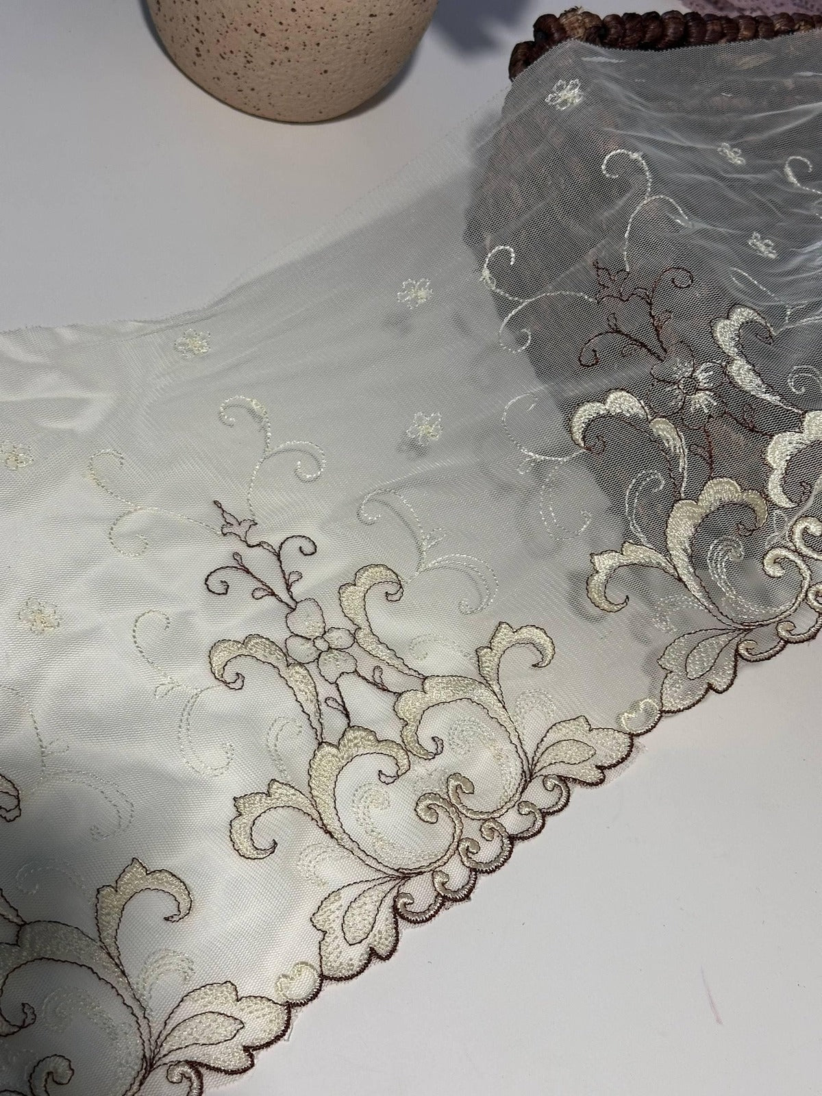 1Yd  9" Cream Beige Floral Embroidered Tulle Mesh Lace Trim, Wholesale