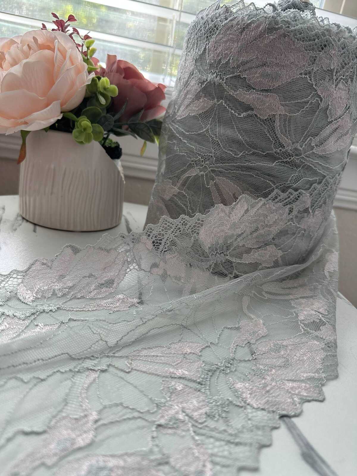 1Yd Slight Stretch 7.2" Two Tone Mint Pink Floral Wide Lace Trim Wholesale