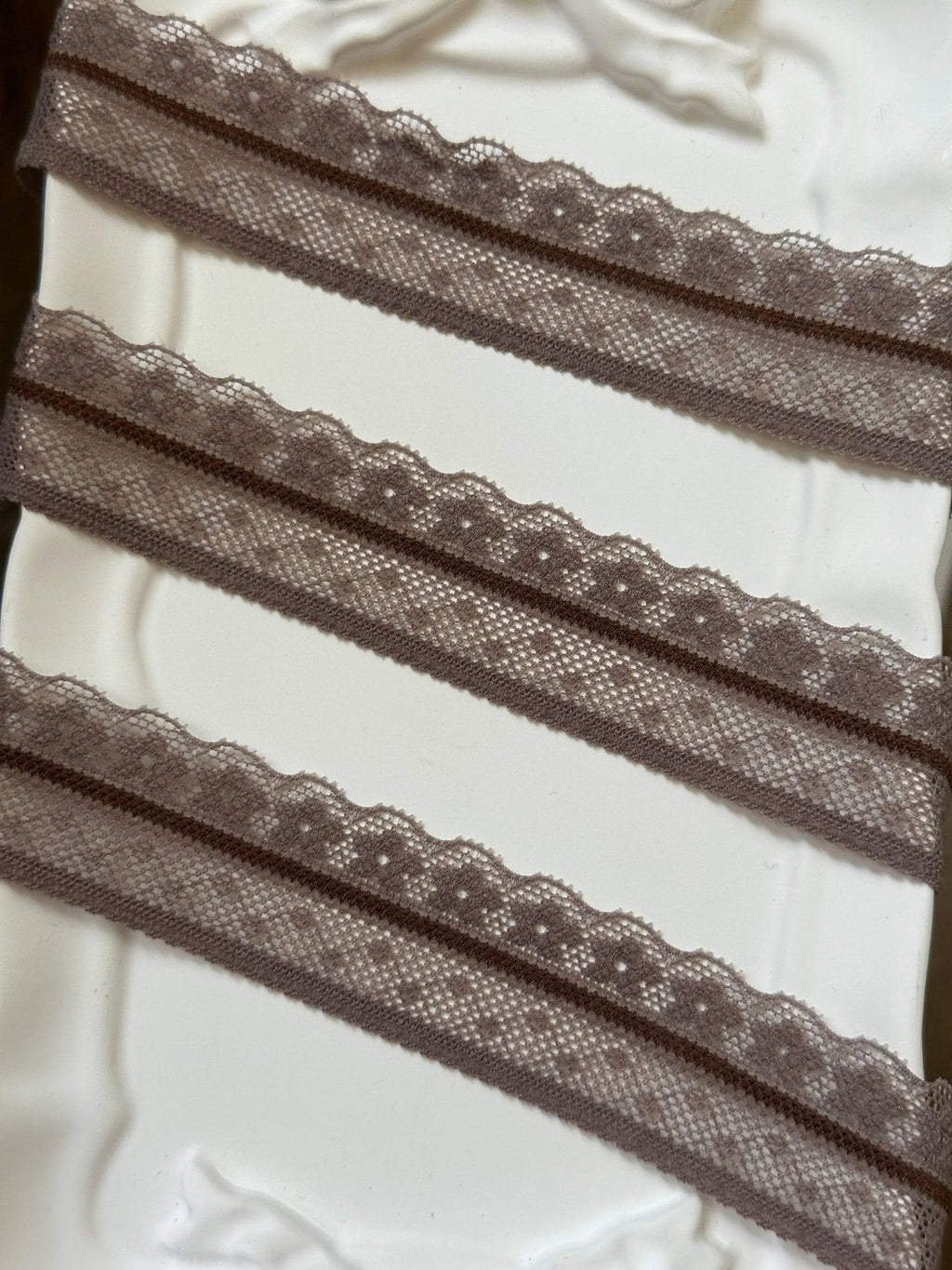 Soft Two Tone Milk Tea Mocha Brown Stretch Lace Trim by the Yard, Scalloped Elastic Ribbon for Coquette Crafts, 1", Retail Wholesale Bulk