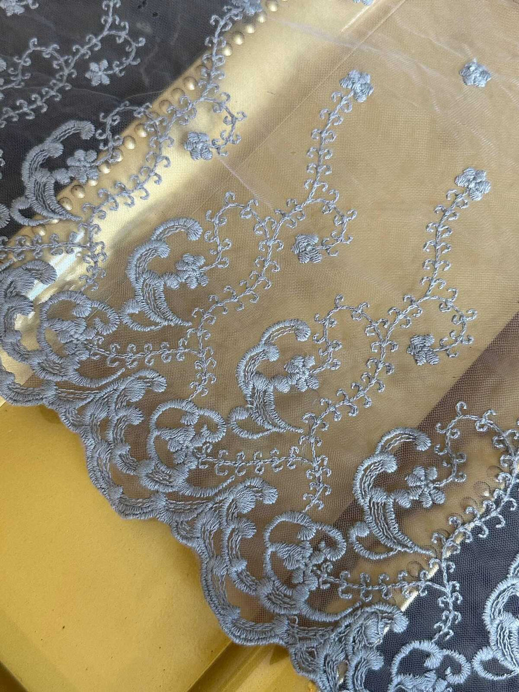 12" Dusty Purple Embroidered Tulle Lace Trim by the Yard, Wide Scalloped Floral Lace for Wedding Gown, Bridal Veil, Victorian Dress Hem