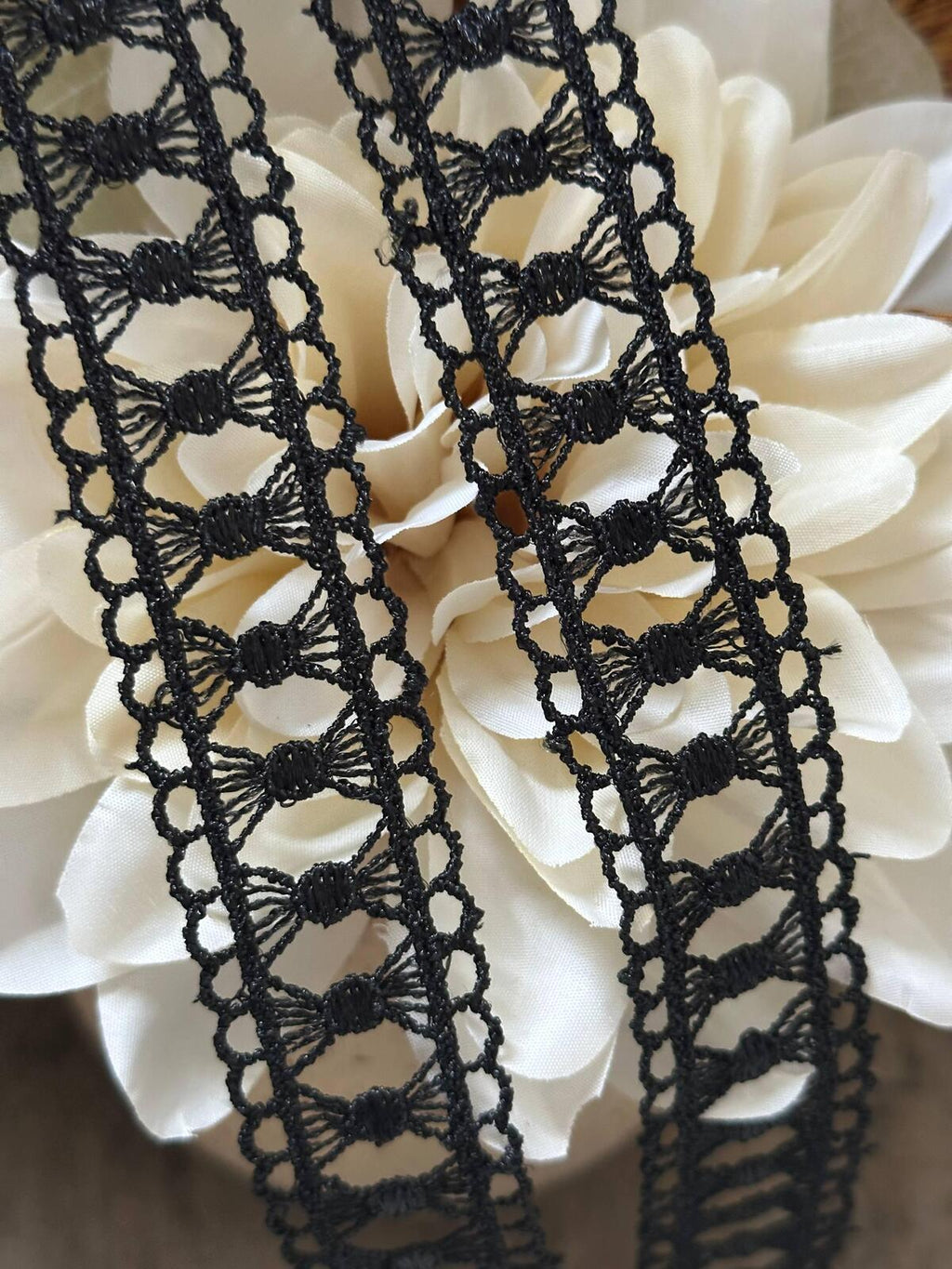 Black Bowknot Guipure Lace Trim by Yard, Water Soluble Ribbon, Soft Skin Friendly Coquette Craft Supply, 1", Retail Wholesale Bulk