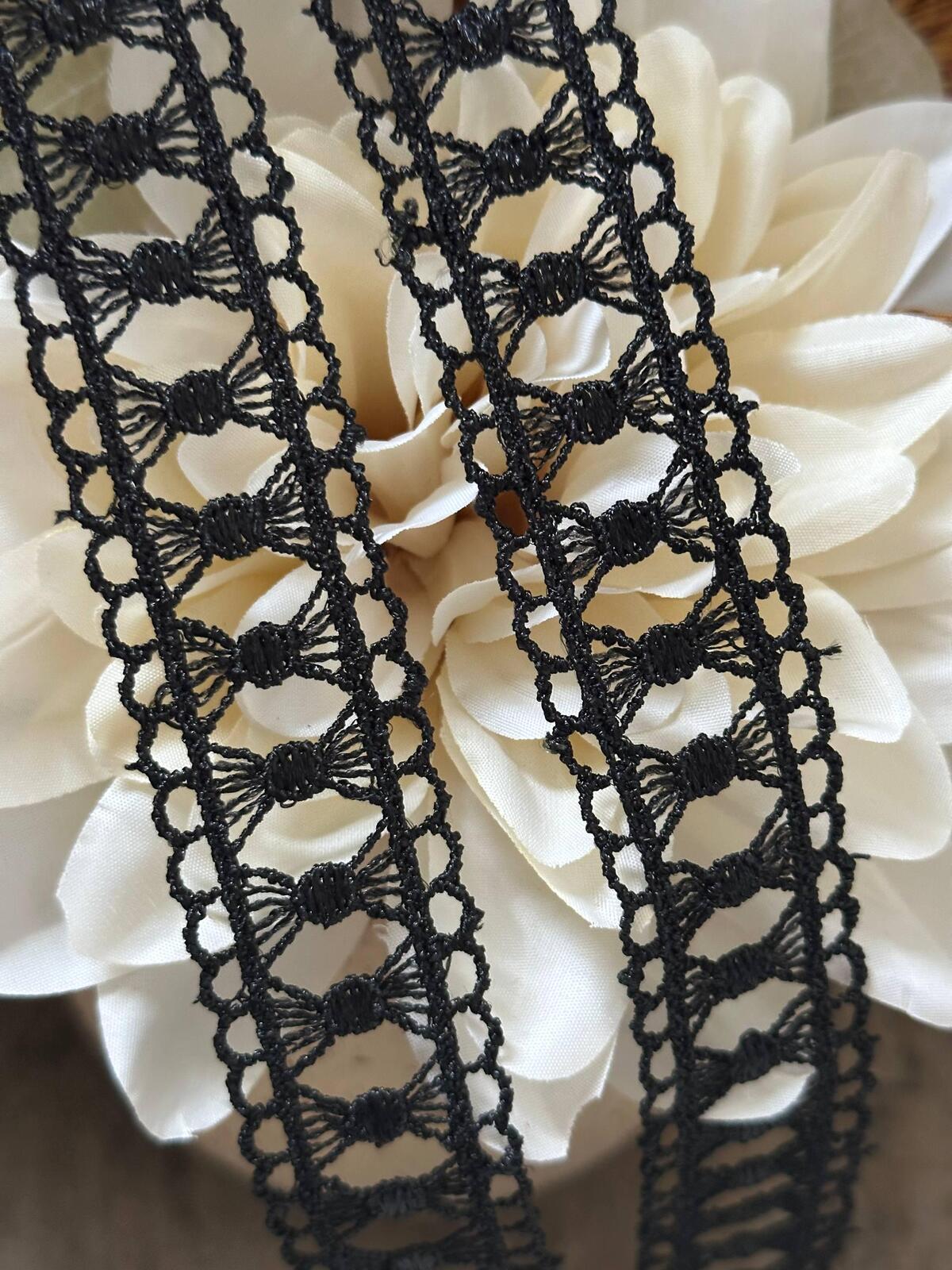 Black Bowknot Guipure Lace Trim by Yard, Water Soluble Ribbon, Soft Skin Friendly Coquette Craft Supply, 1", Retail Wholesale Bulk