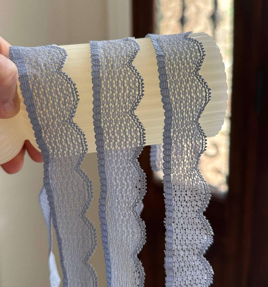 10yds Dusty Slate Blue Gray Point d'Esprit Dot Stretch Elastic Lace Trim Symmetrical Double Scalloped Narrow Ribbon for Lingerie Crafts, 1"