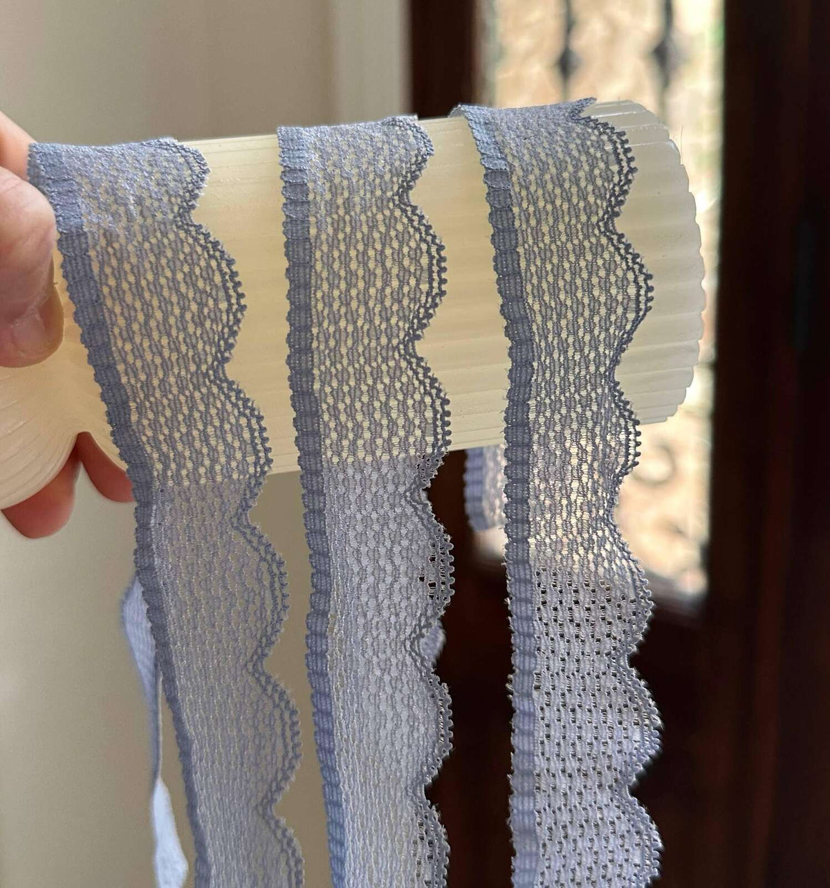 10yds Dusty Slate Blue Gray Point d'Esprit Dot Stretch Elastic Lace Trim Symmetrical Double Scalloped Narrow Ribbon for Lingerie Crafts, 1"