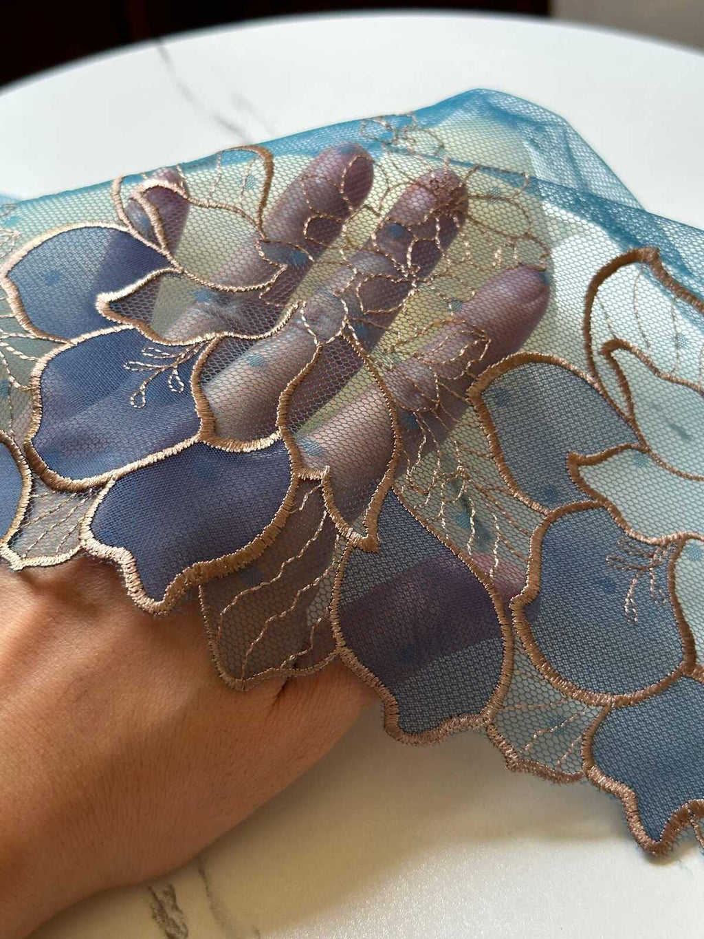 7.65" Peacock Blue Gold Lace Trim Wide Embroidered Floral Swiss Dot Mesh Single Scalloped Edge Lace for Lingerie Garment Sewing Crafts