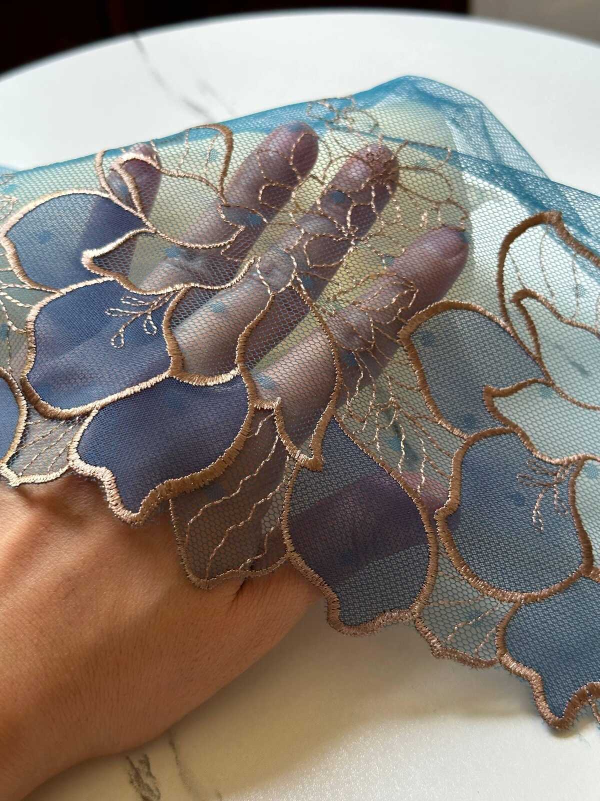 7.65" Peacock Blue Gold Lace Trim Wide Embroidered Floral Swiss Dot Mesh Single Scalloped Edge Lace for Lingerie Garment Sewing Crafts