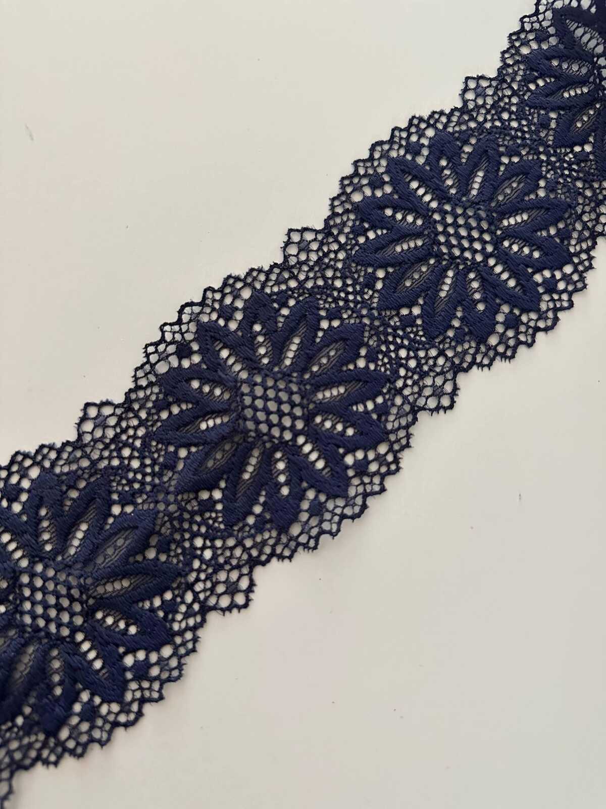 10yds Navy Blue Floral Stretch Lace Trim, 2.8" Elastic Ribbon, Bulk Clearance Coquette Y2K Lace, Lingerie Lace, DIY Sewing, Retail Wholesale