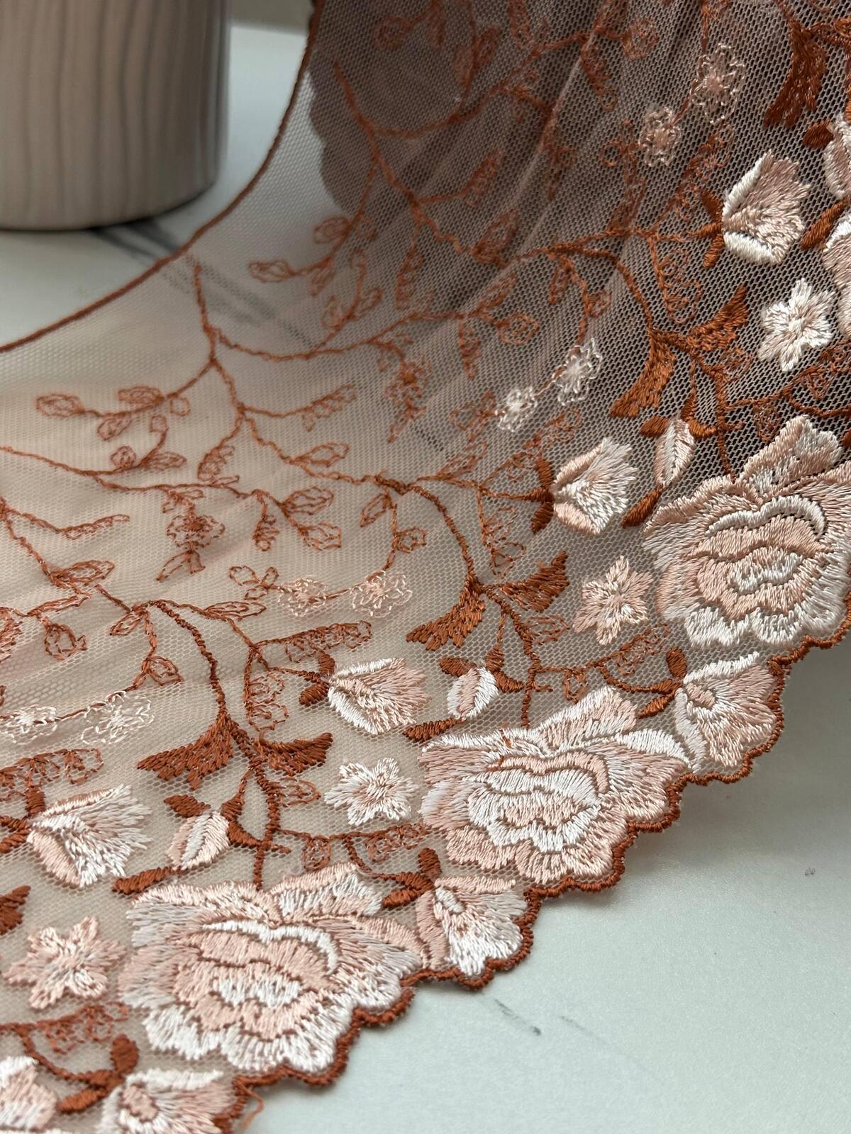 3Yds Non-Stretch 6.3" Autumn Terracotta Rust Floral Embroidered Mesh Lace Trim