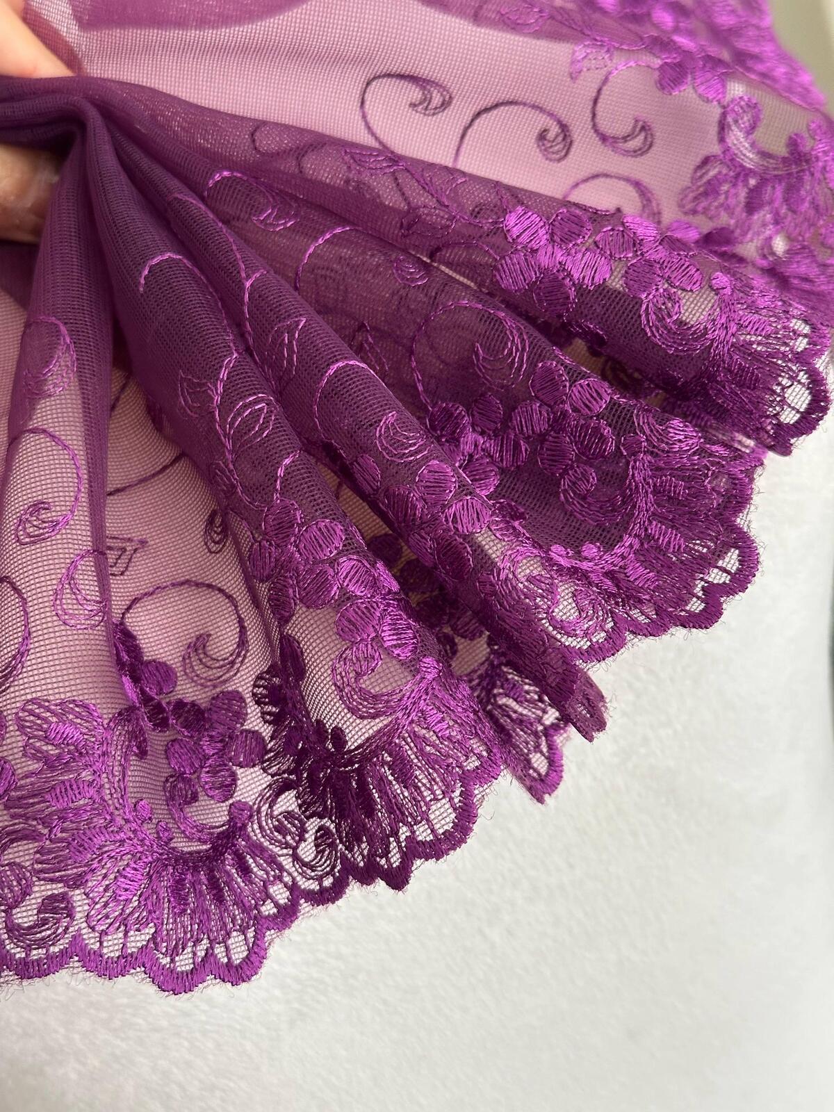 3Yds Non-Stretch 6" Purple Floral Mesh Embroidered Lace Trim, Craft Wholesale