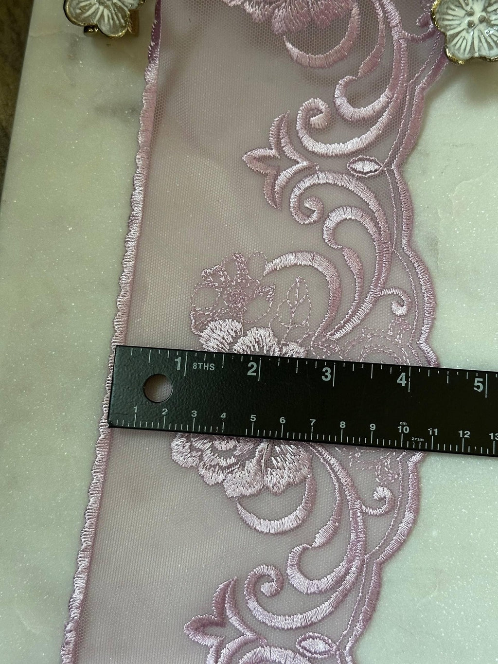 Soft Dusty Mauve Rose Floral Embroidered Mesh Lace Trim by the Yard, Wide Tulle Scalloped Ribbon for Crafts, 4.25", Retail Wholesale Bulk