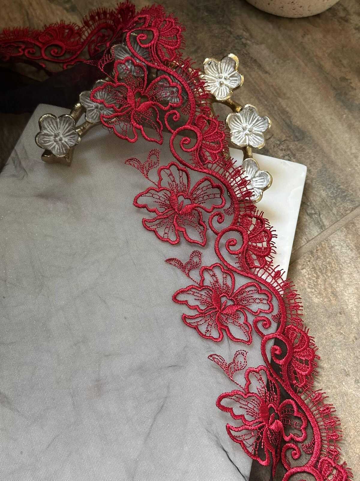 Crimson Red Floral Embroidered Organza Mesh Eyelash Lace Trim, 3" Floral 7" Total Wide Tulle Scalloped Ribbon, Retail Wholesale Bulk
