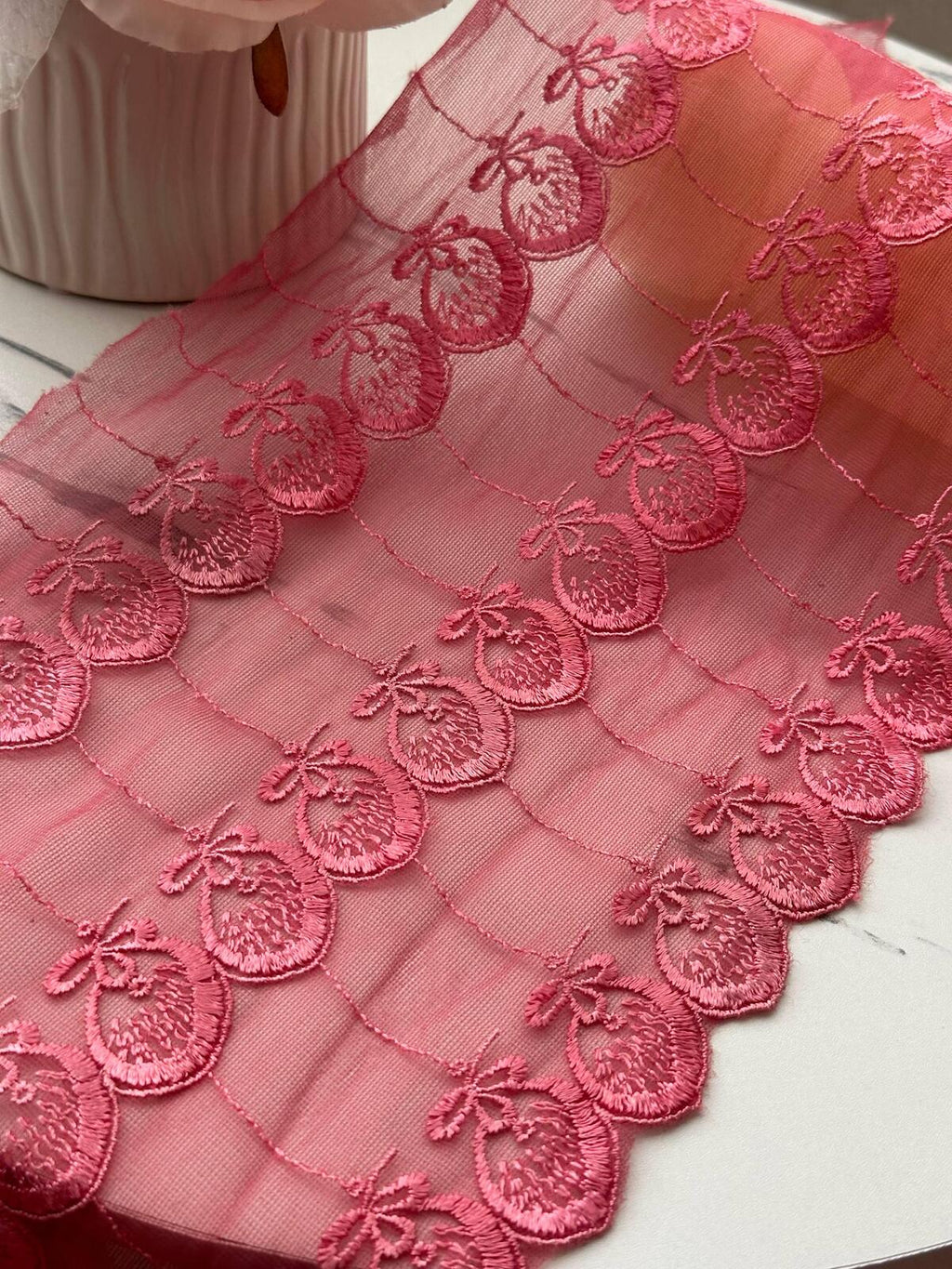 1Yd Non-Stretch 7" Pink Strawberry Tulle Mesh Embroidered Lace Trim Wholesale