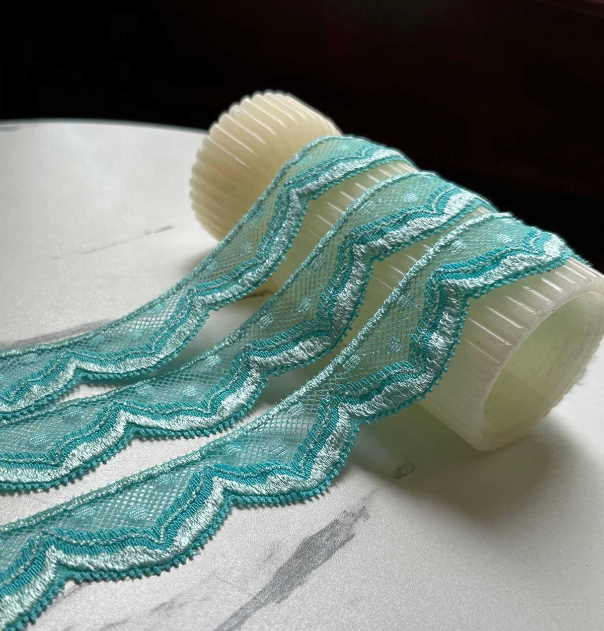 10yds Mint Aqua Turquoise Swiss Dot Elastic Stretch Lace Trim Symmetrical Double Scalloped Narrow Ribbon for  Crafts Sewing, 1.1"  Wholesale