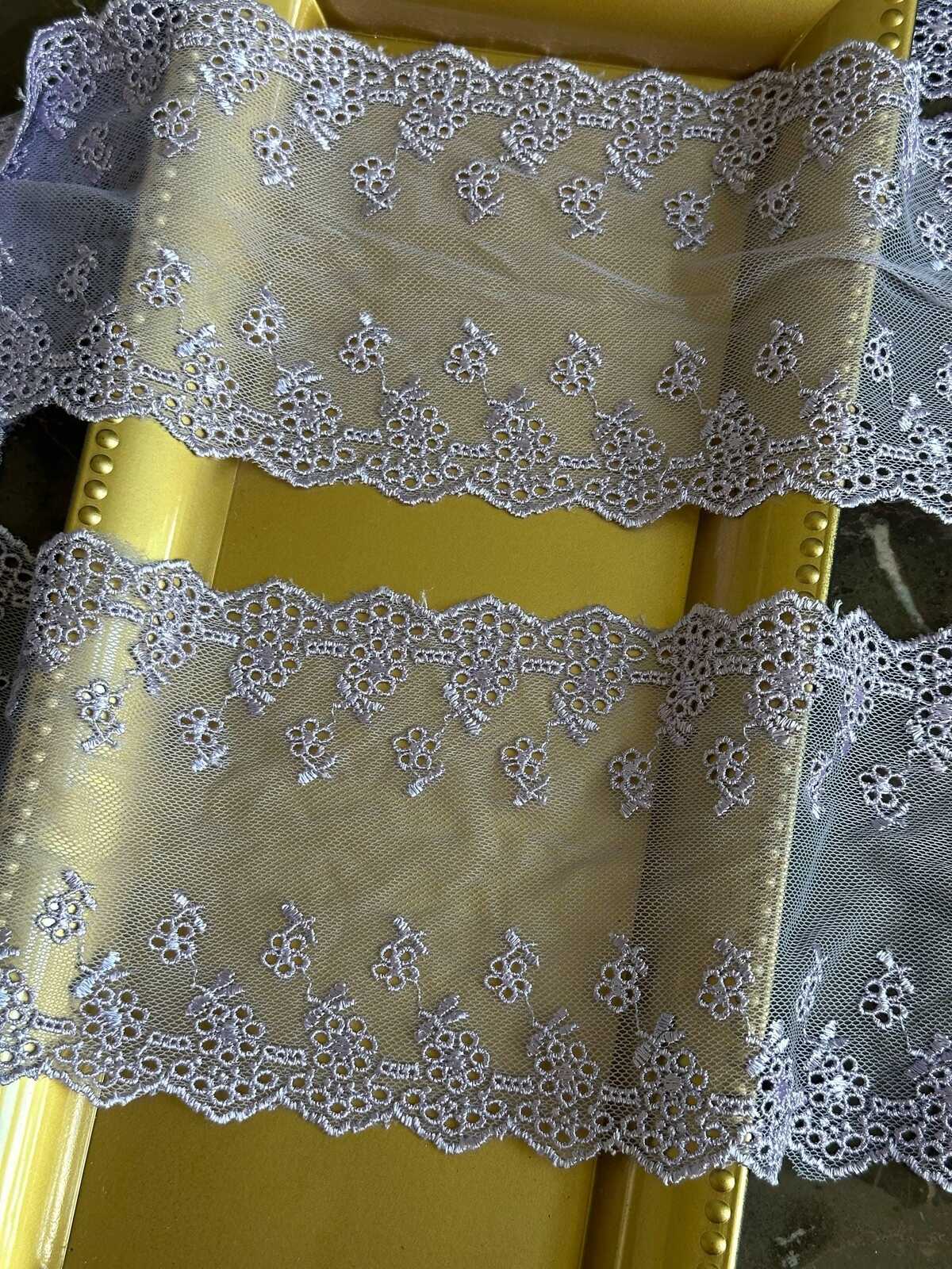 4.5" Ultra Soft Lavender Embroidered Tulle Lace Trim by the Yard, Dainty Double Edged Scalloped Floral Mesh Lace for Lolita, Bridal, Doll