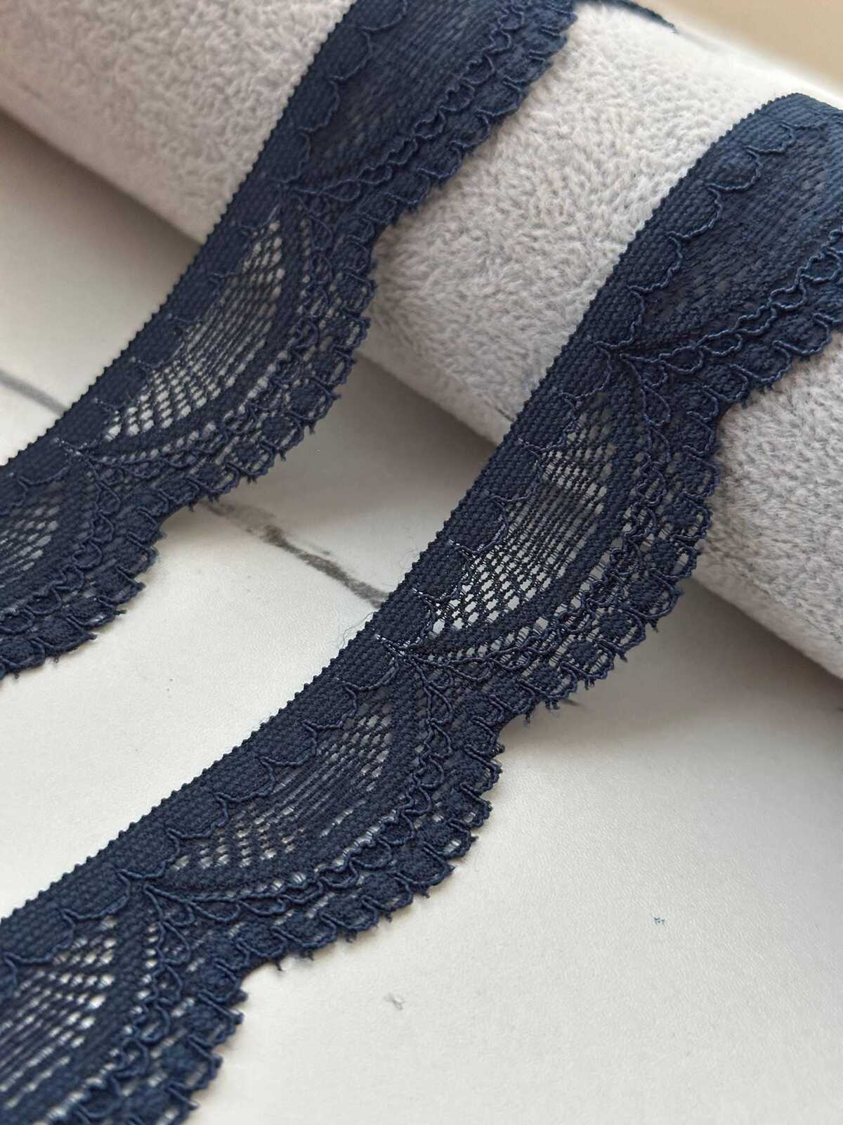 10Yds Stretch 1" Dark Navy Blue Scalloped Floral Stretch Lace Trim Wholesale