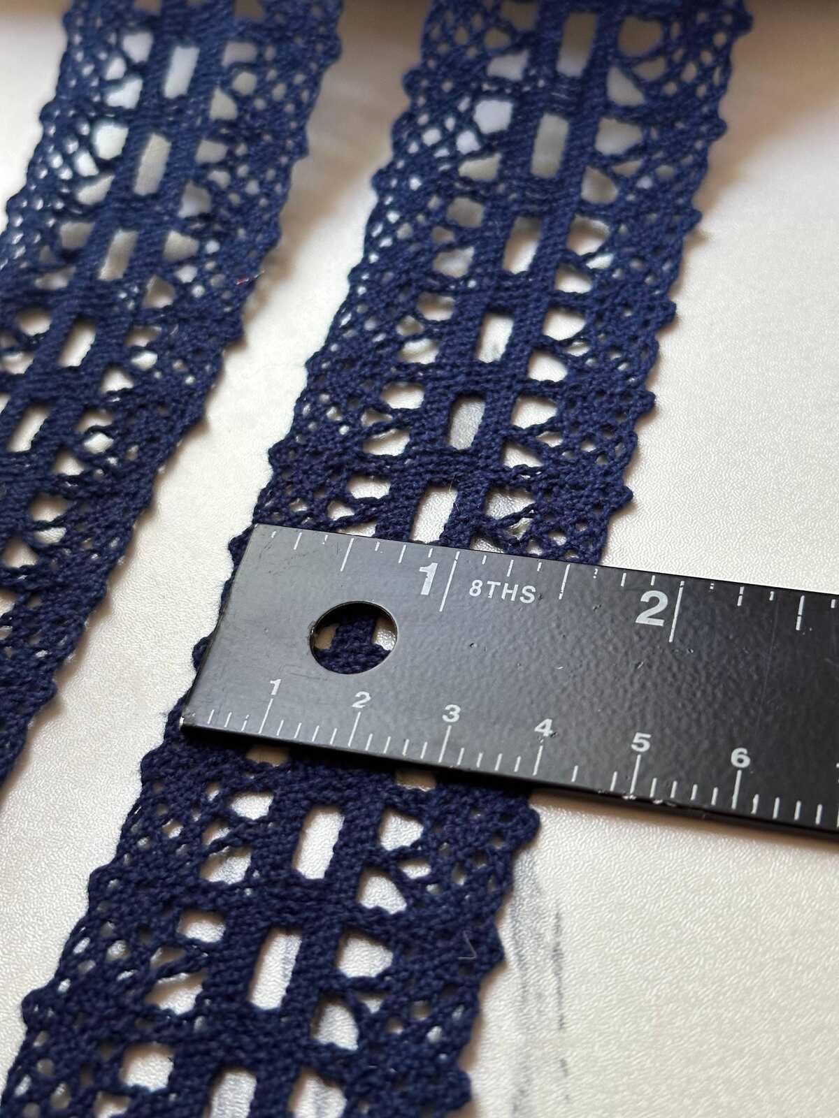 Navy Blue Cotton Crochet Beading Insertion Lace Trim by the Yard, Double Scalloped Eyelet Ribbon with Ribbon Slot, 1.5"