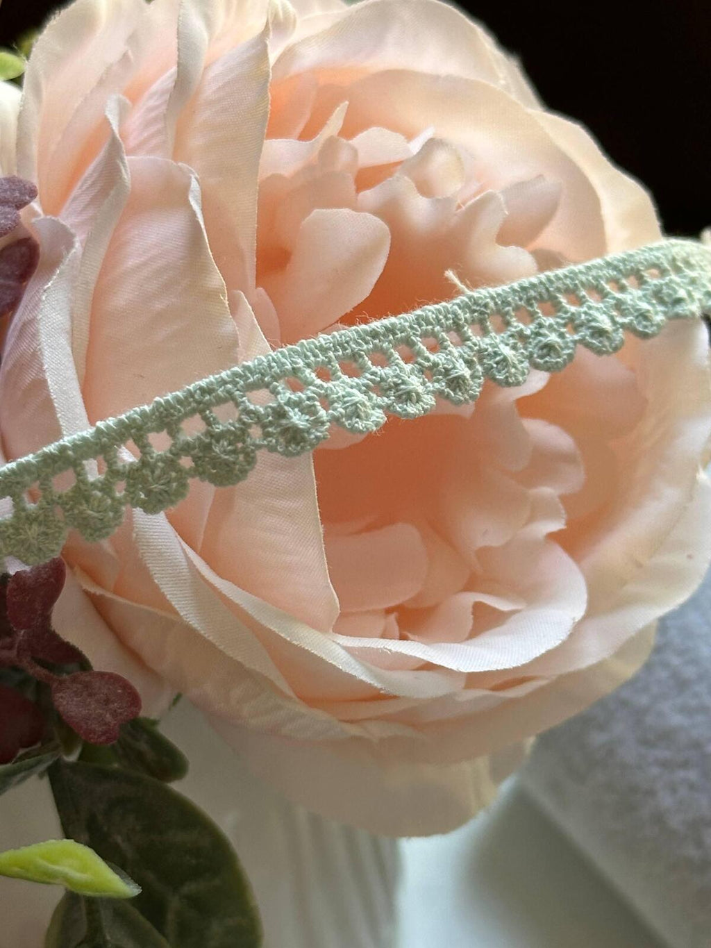 10yds Soft Sage Green Cotton Crochet Flower Lace Trim by the Yard, Narrow Floral Scalloped Ribbon for Crafts, 0.35", Retail Wholesale Bulk
