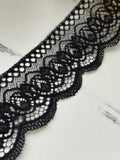5Yds Non-Stretch 2.4" Black Embossed Floral Scalloped Mesh Lace Trim Wholesale