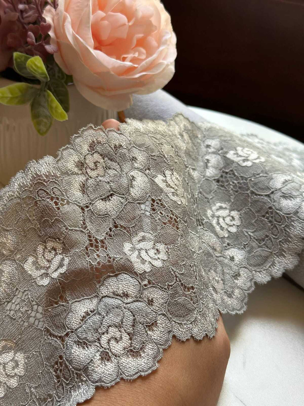 Silver Grey Corded Rose Floral Lace Trim by the Yard, Structured Slight Stretch Ribbon for Crafts, 5", Retail Wholesale Bulk