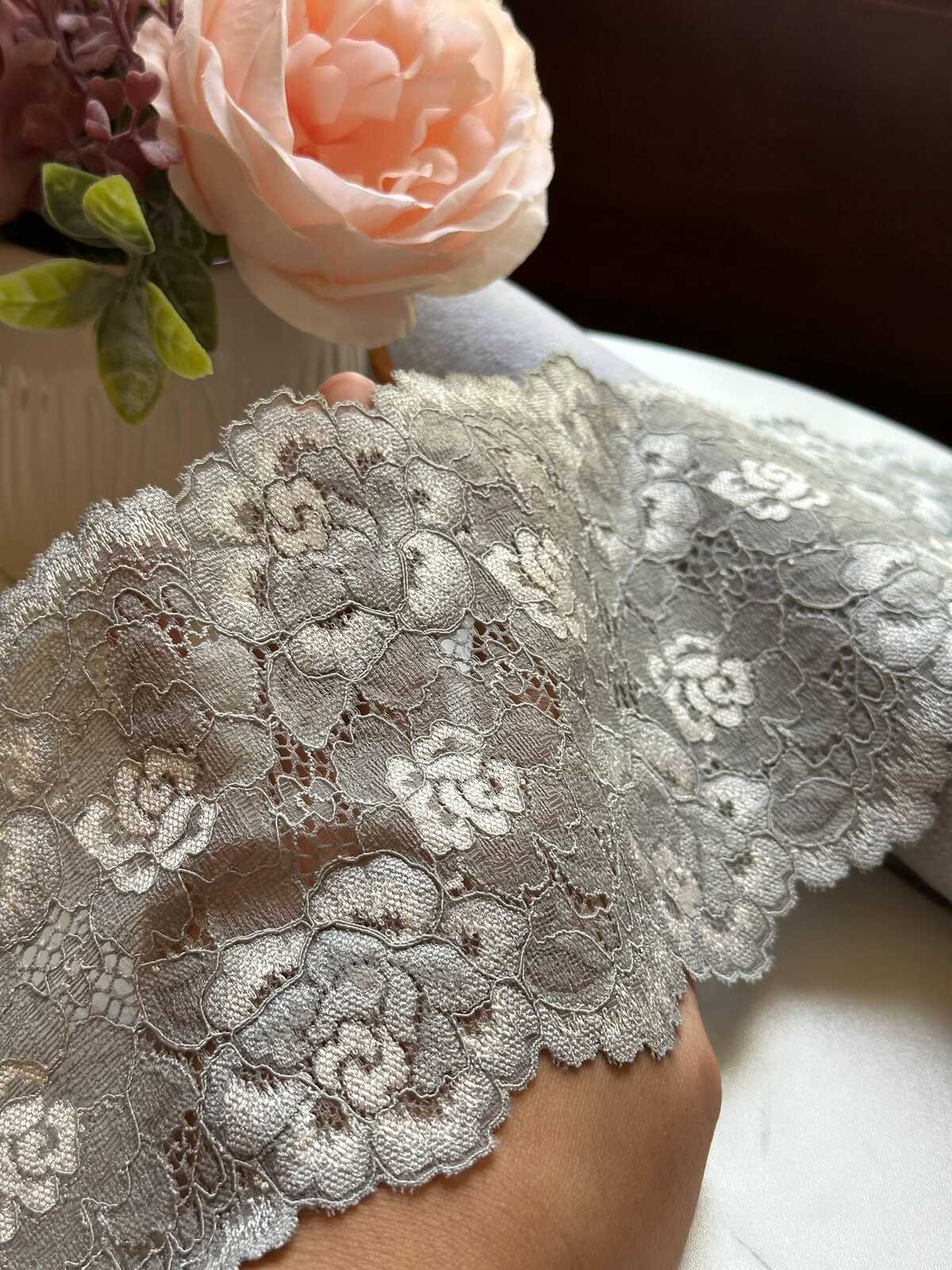 Silver Grey Corded Rose Floral Lace Trim by the Yard, Structured Slight Stretch Ribbon for Crafts, 5", Retail Wholesale Bulk