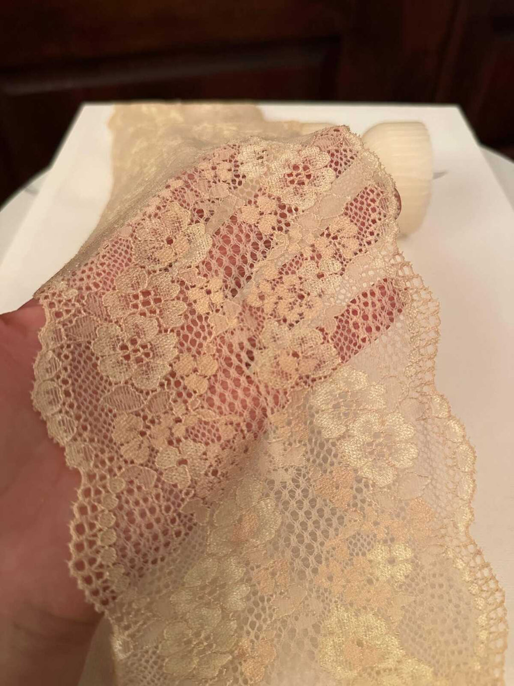 Champagne Gold Floral Stretch Elastic Lace Trim Symmetrical Double Scalloped Wide Galloon Ribbon for Lingerie Gowns Crafts, 4.5"