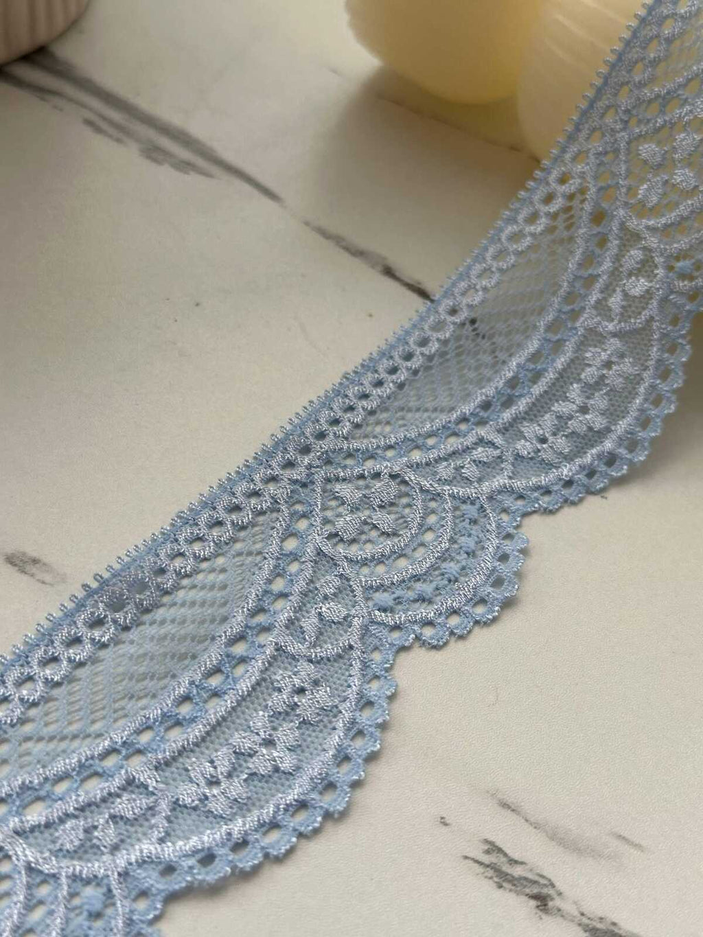 10Yds Stretch 1.9" Light Dusty Blue Floral Scalloped Stretch Lace Wholesale