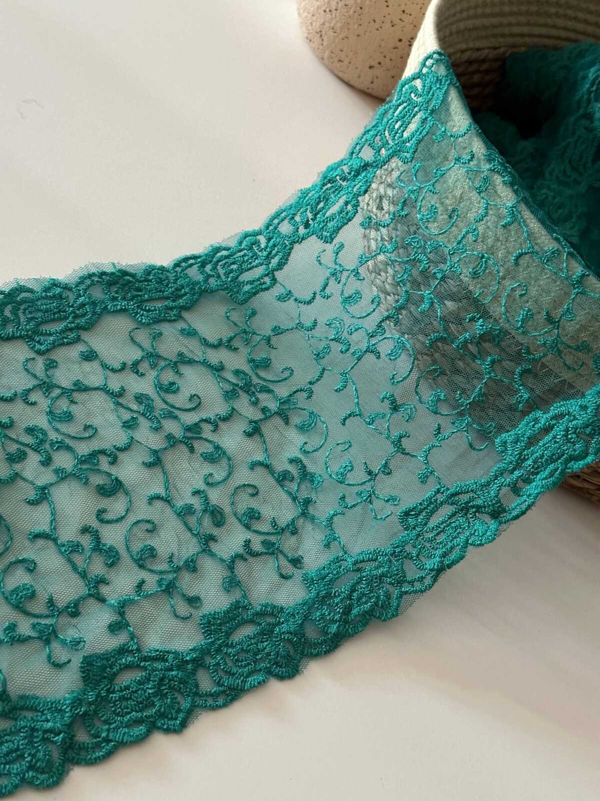 3Yds Teal Green Embroidered Lace, 7.2" Wide Cotton Trim, Bulk Clearance Coquette Y2K Lace, Garment Trim, DIY Sewing, Retail Wholesale